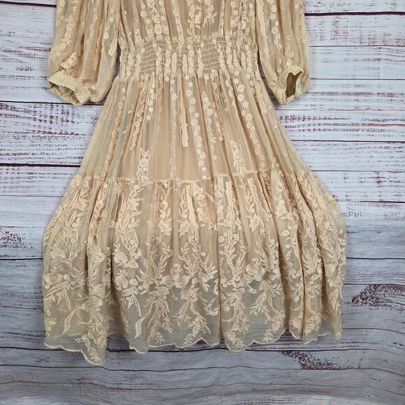 Sundance Silk Seaspell Midi Dress PM Cream Embroidered Lace Sheer Ethereal NWT - Picture 6 of 16